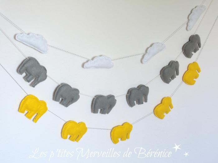 Guirlandes nuages et éléphants, blanc, gris, jaune. Créations : 